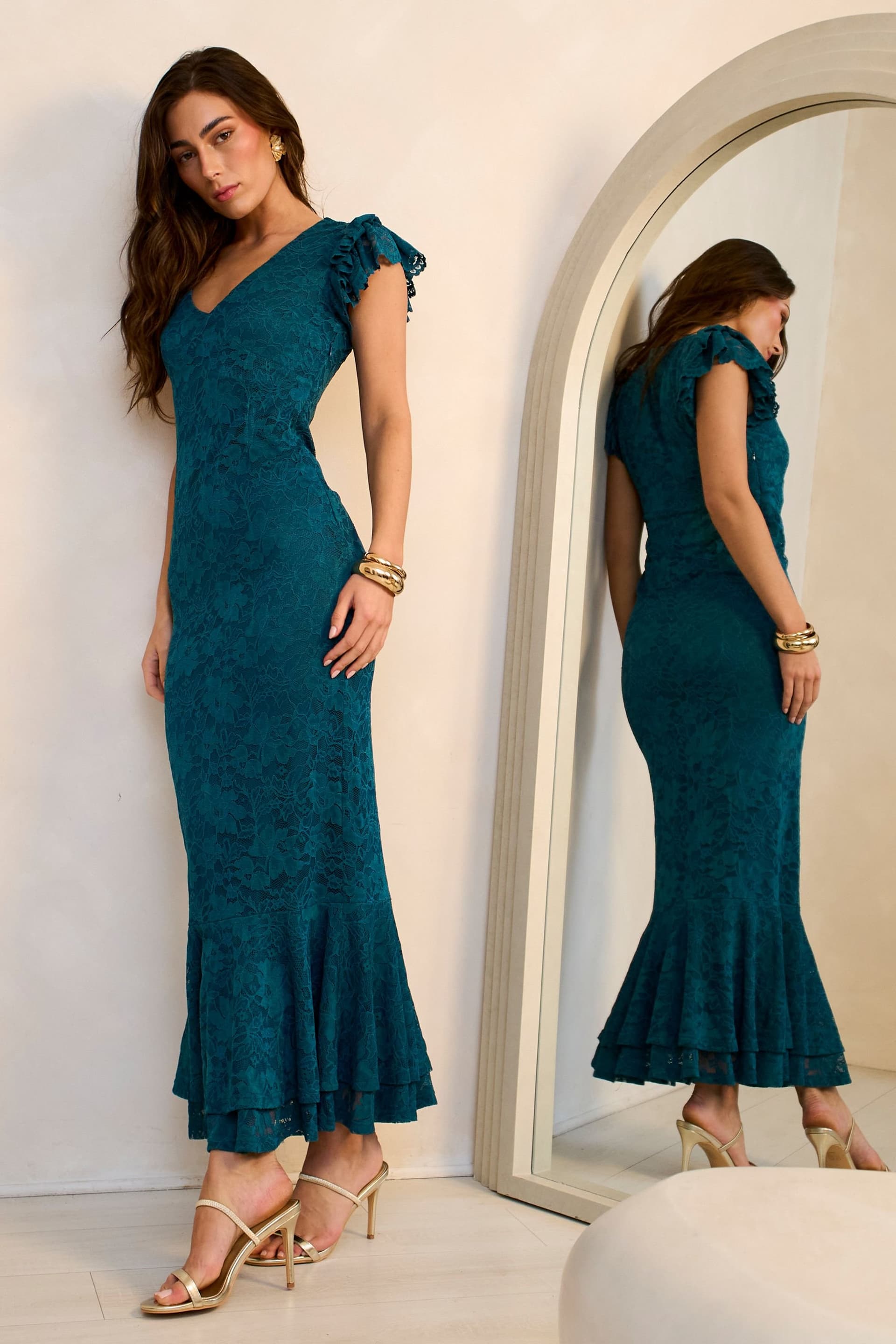 Gini London Gini London Women's Teal Jersey Lace V Neck Ruffle Maxi Dress