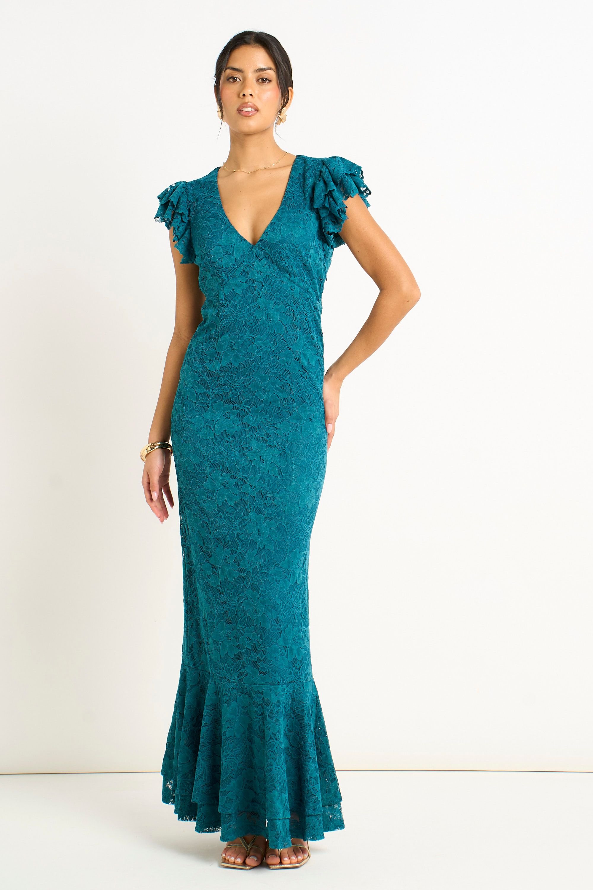 Gini London Gini London Women's Teal Jersey Lace V Neck Ruffle Maxi Dress - 2