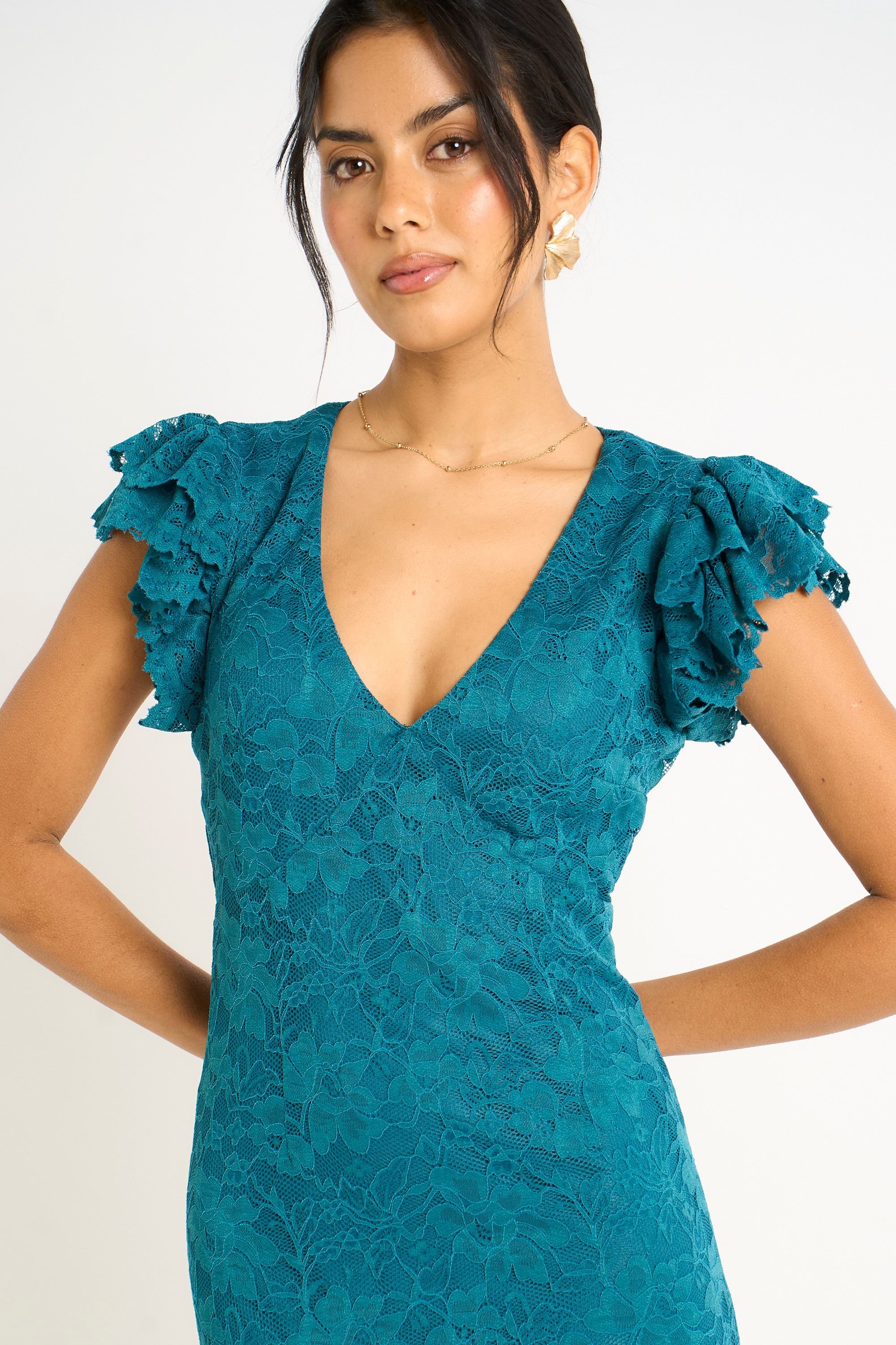 Gini London Gini London Women's Teal Jersey Lace V Neck Ruffle Maxi Dress - 3