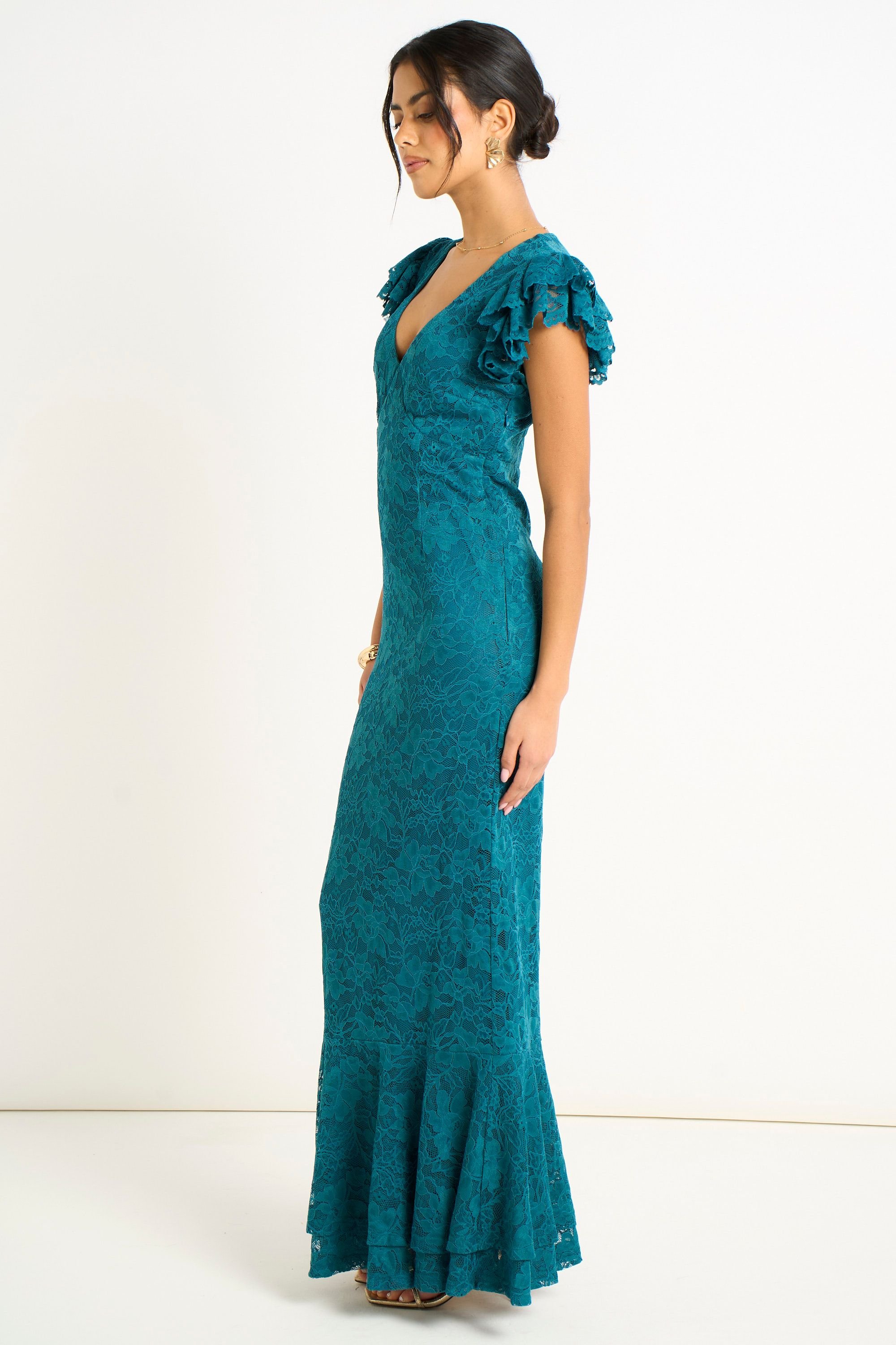 Gini London Gini London Women's Teal Jersey Lace V Neck Ruffle Maxi Dress - 4