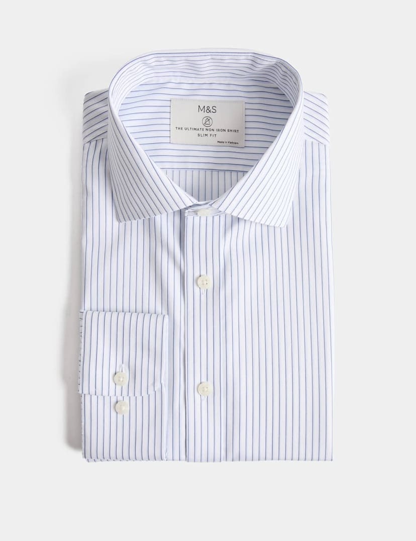 Marks & Spencer M&S Ultimate Slim Fit Non Iron Striped Shirt Blue Mix - 1