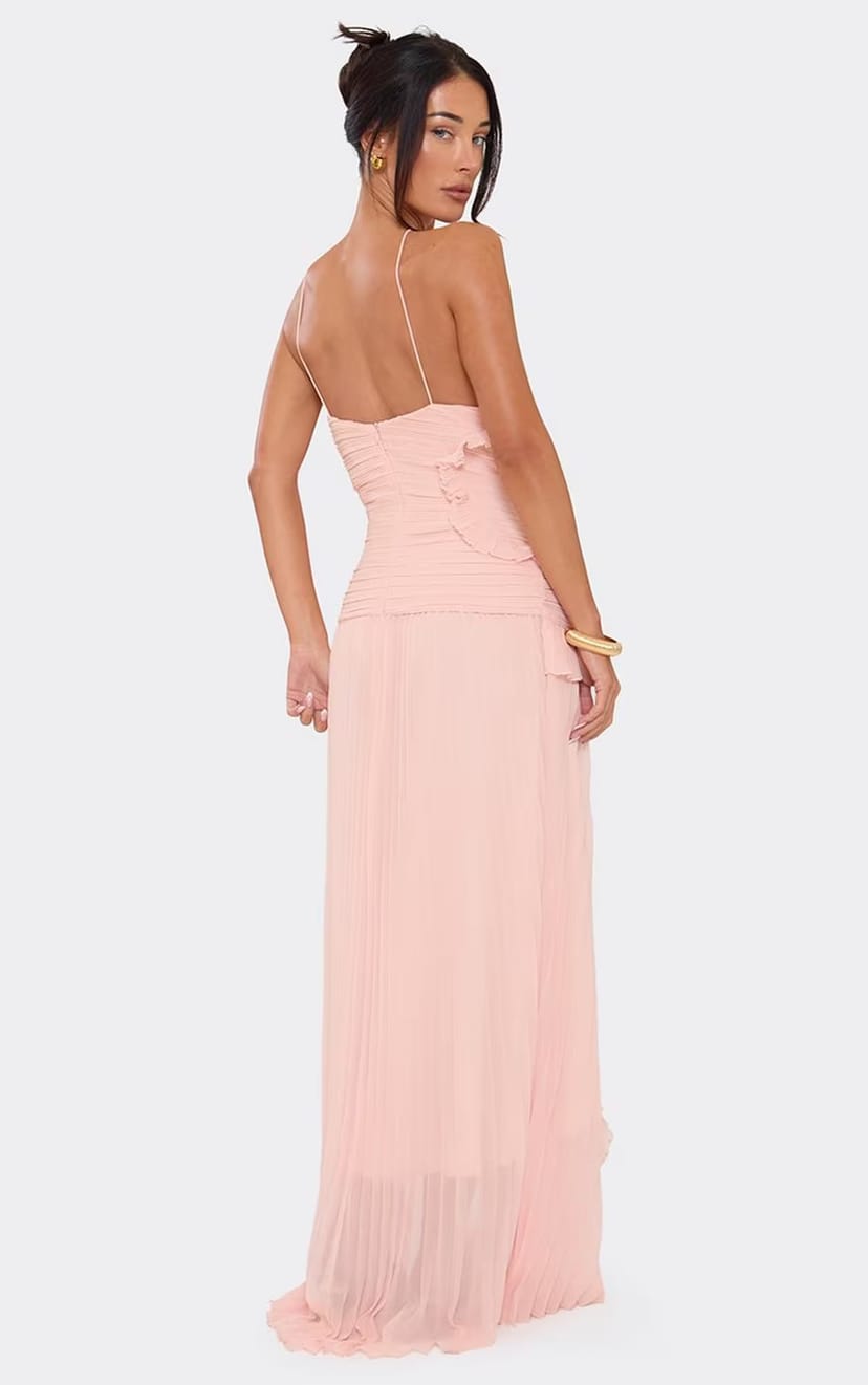 EGO Strappy Ruffle Detail Maxi Dress In Pink Chiffon, Women's Size UK 12 - 1
