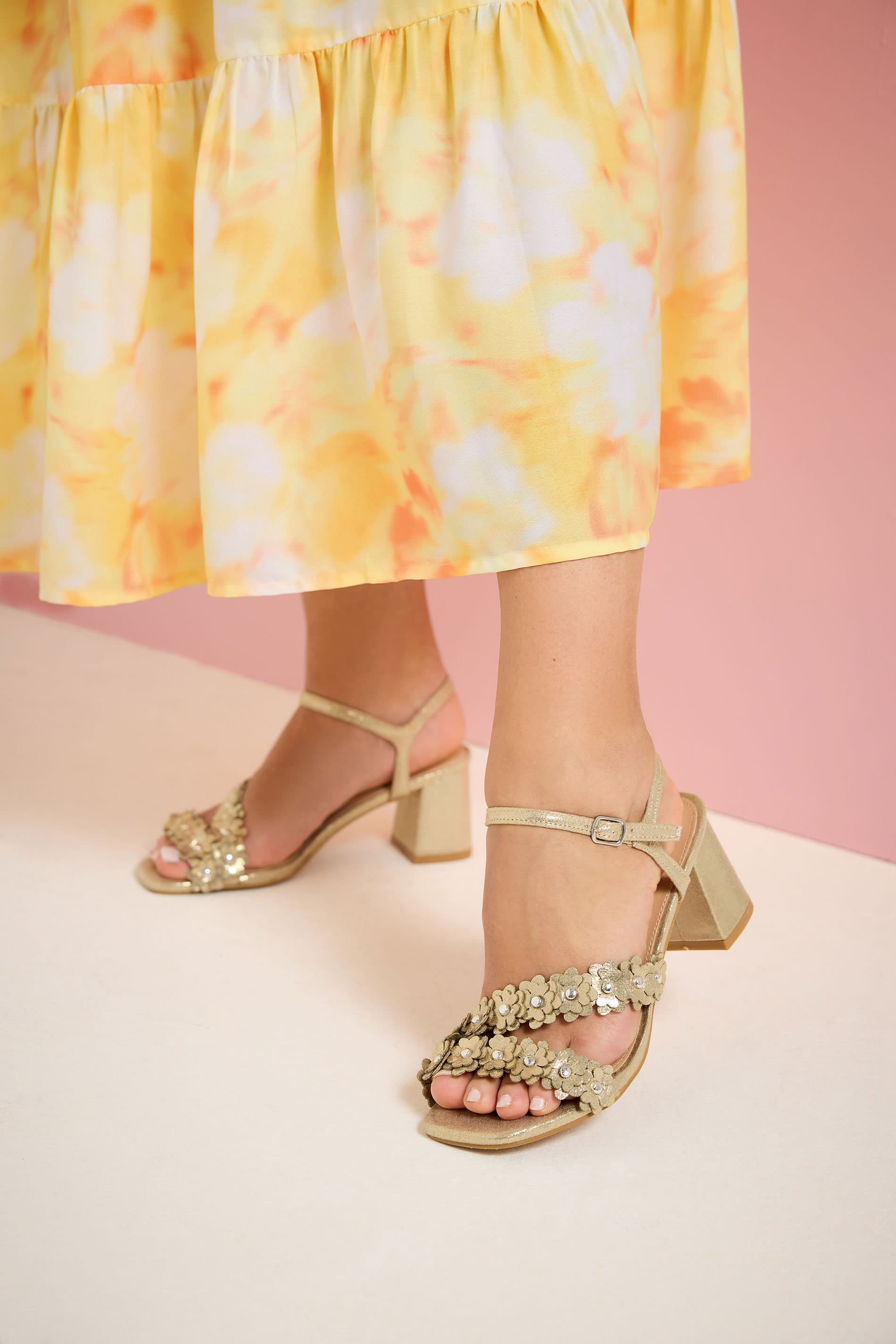 Yours Gold Shimmer Floral Block Heel Sandals In Extra Wide Eee Fit