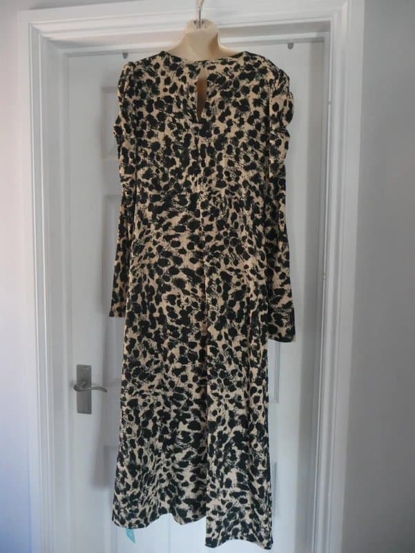Dorothy Perkins DP Dorothy Perkins Leopard Print Midi Dress UK 14 Beige Black Ruched Puff Sleeve