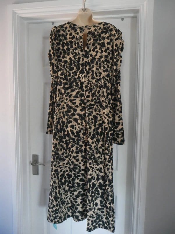 Dorothy Perkins DP Dorothy Perkins Leopard Print Midi Dress UK 14 Beige Black Ruched Puff Sleeve - 1