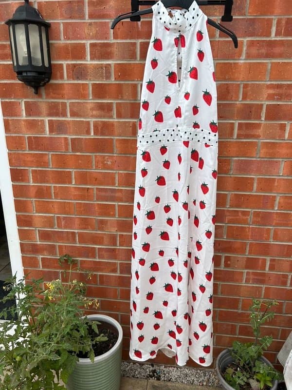 Never Fully Dressed Halter neck tie polka dot and strawberry maxi dress