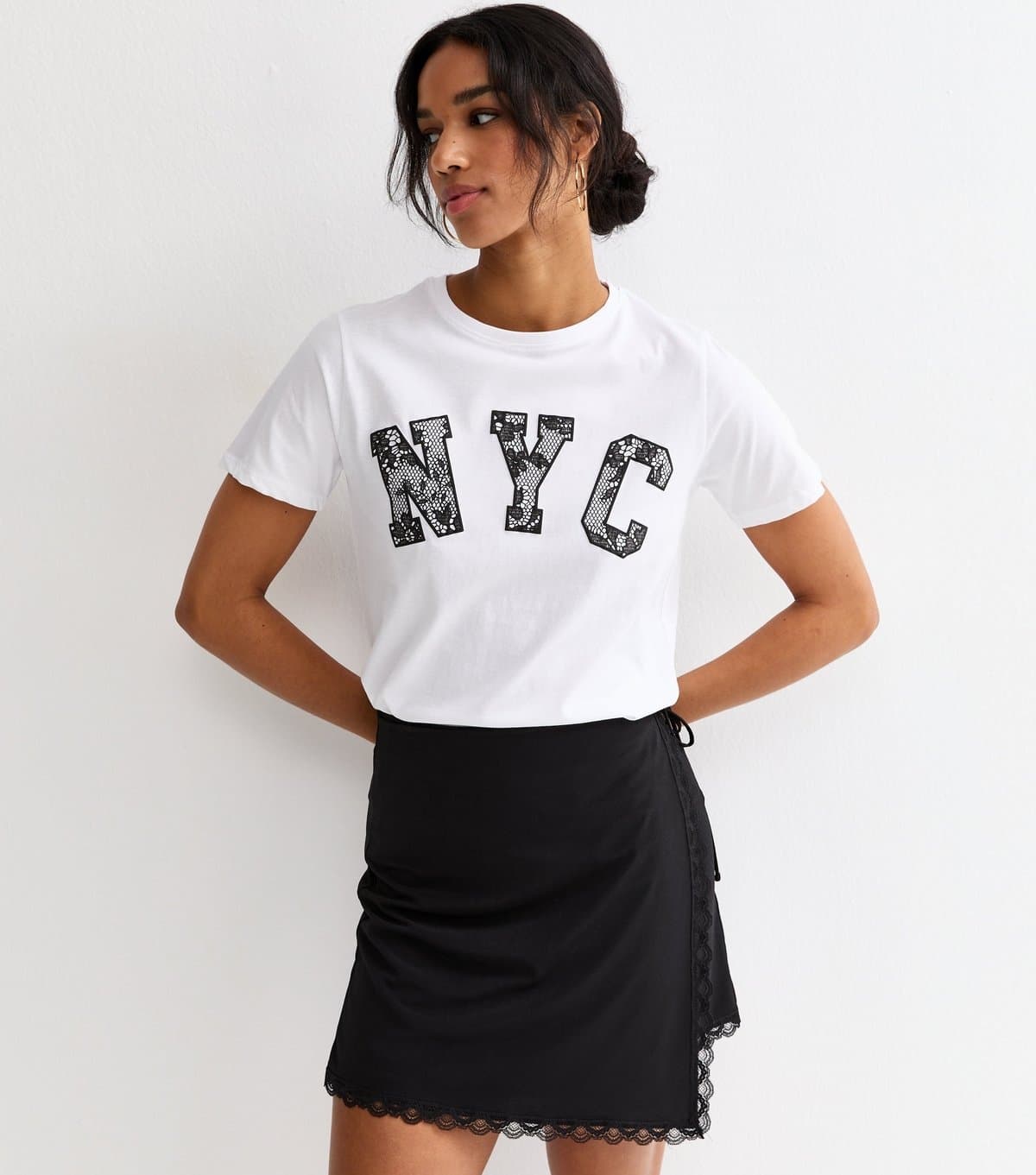 New Look New Look White Cotton Lace NYC Logo T-Shirt