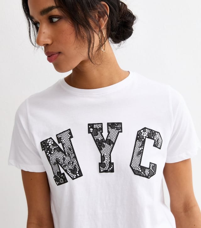 New Look Women's White Cotton Lace NYC Logo T-Shirt New Look - 2