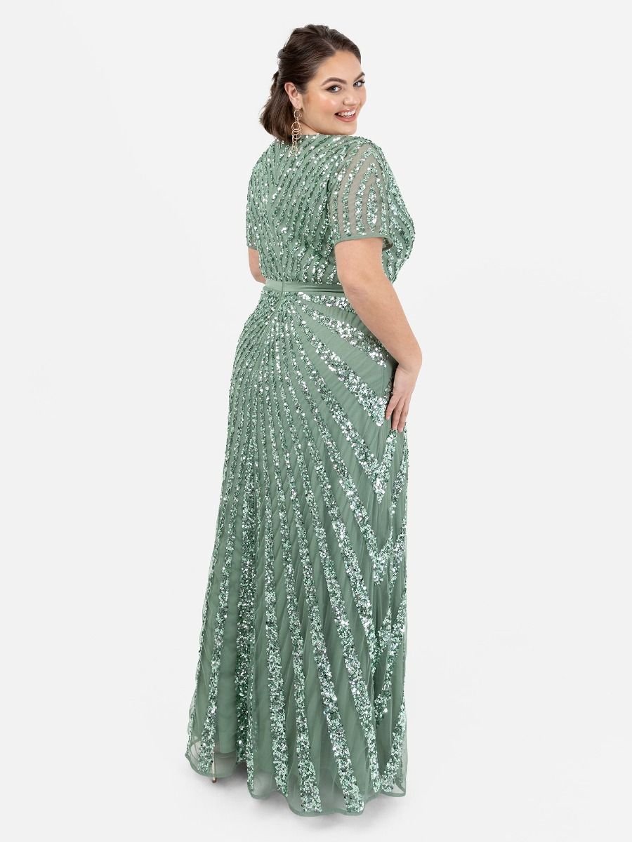 Maya Deluxe Maya Deluxe Women's Short Sleeve Stripe Embellished Maxi Dress in Dark Green - 3