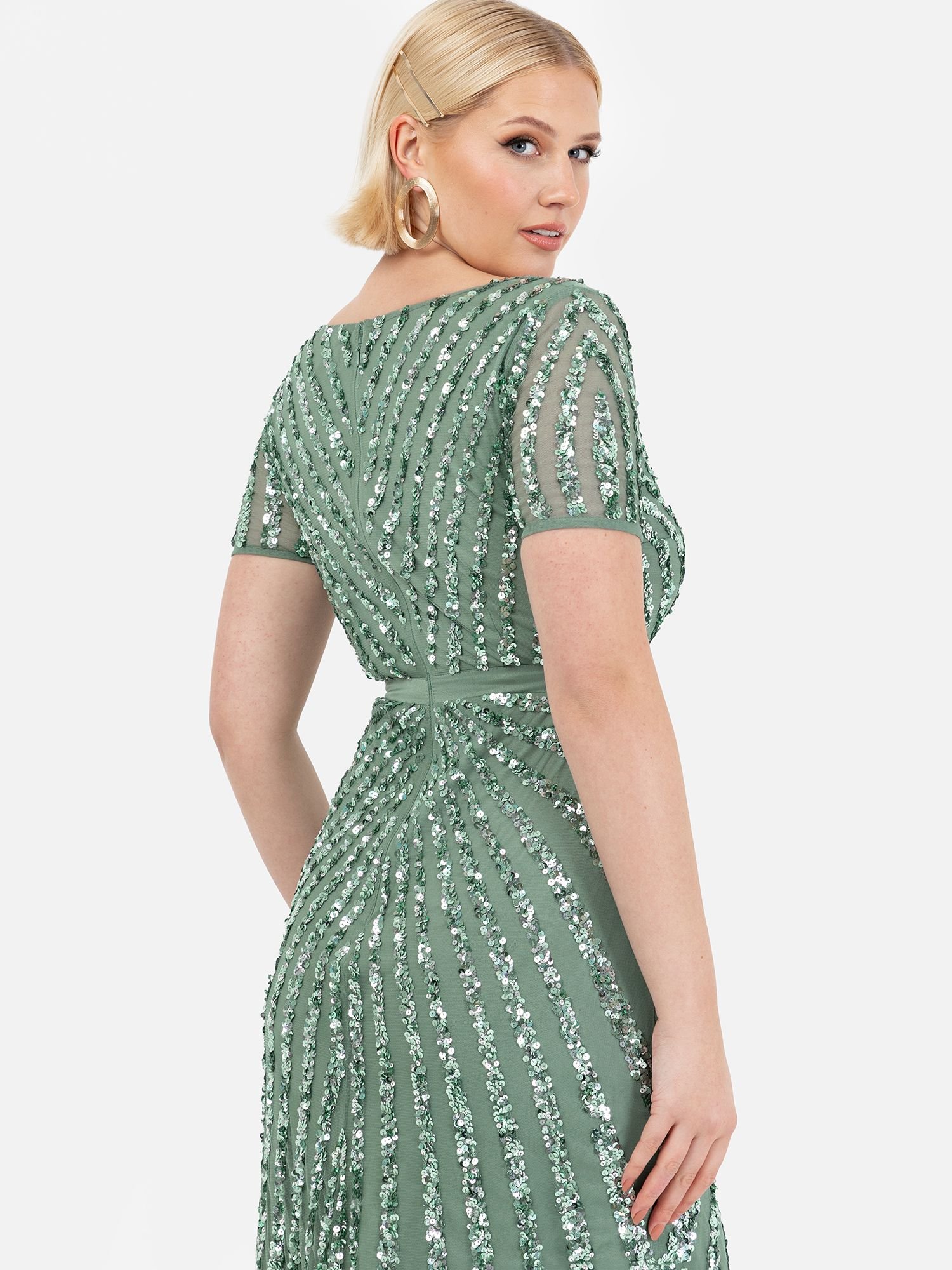 Maya Deluxe Maya Deluxe Women's Short Sleeve Stripe Embellished Maxi Dress in Dark Green - 4