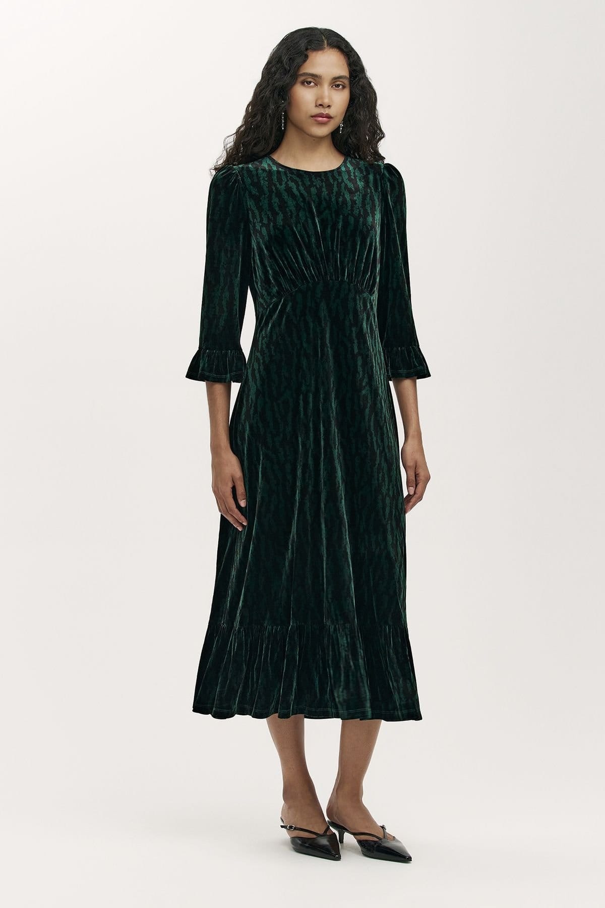 Finery London Bottle Green Velvet Empire Waist Midi Dress