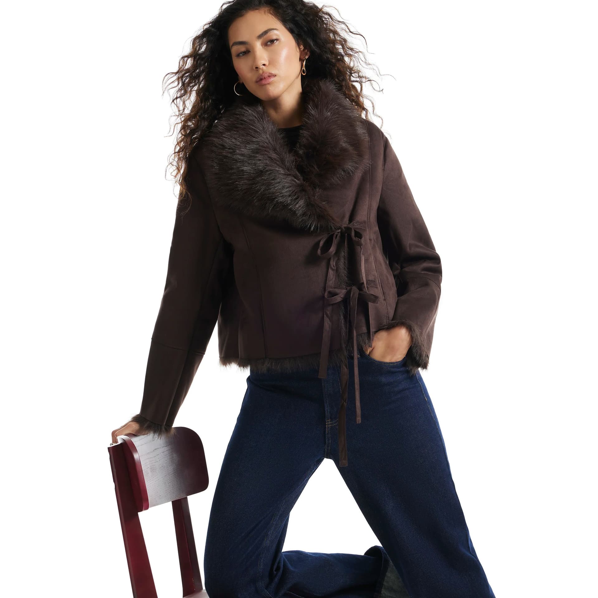 River Island River Island Womens Brown Faux Suede Shearling Tie Jacket