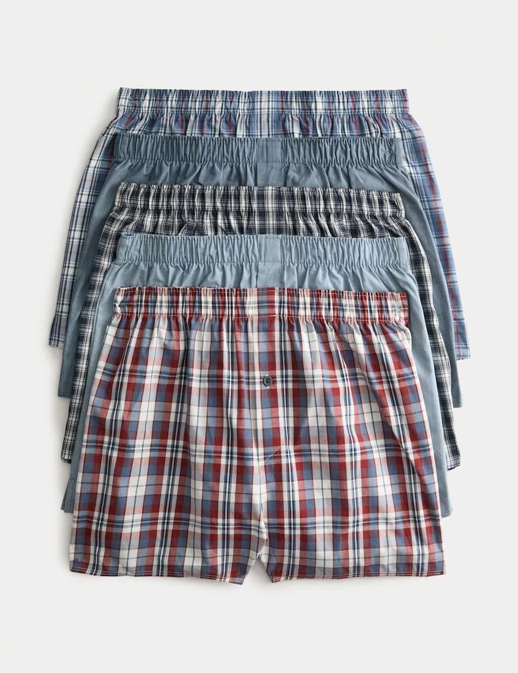 Marks & Spencer M&S 5 Pack Pure Cotton Checked Woven Boxers Blue Mix