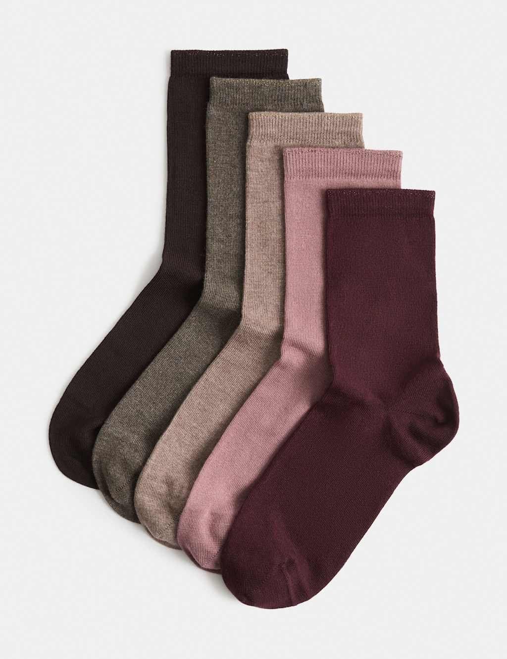 Marks & Spencer M&S 5 Pack Sumptuously Soft Rayon Sparkle Crew Socks Burgundy Mix