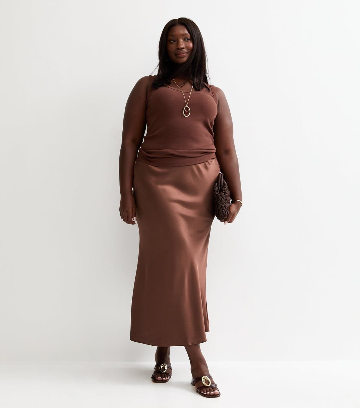 New Look Women's Plus Size Dark Brown Satin Bias Cut Midi Skirt Curves New Look