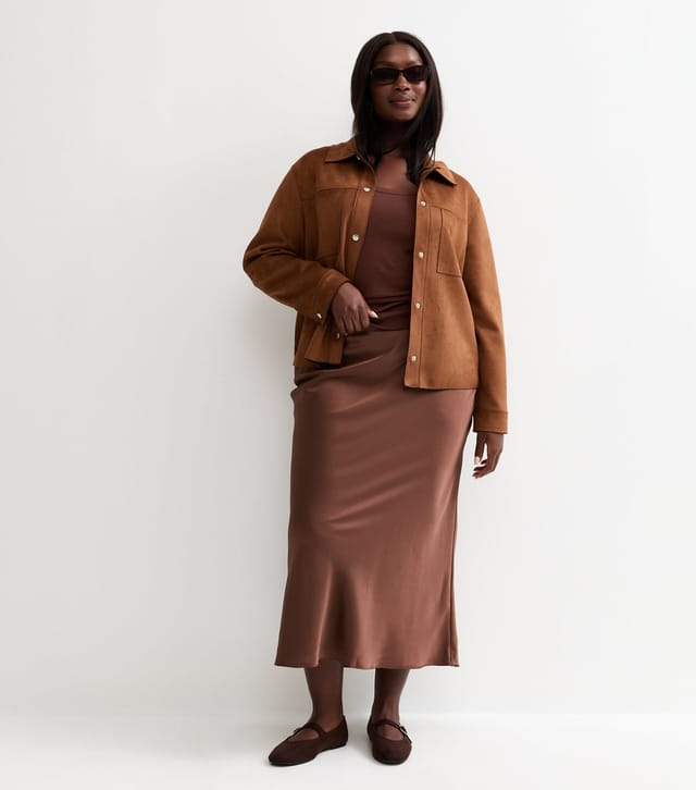 New Look Women's Plus Size Dark Brown Satin Bias Cut Midi Skirt Curves New Look - 3