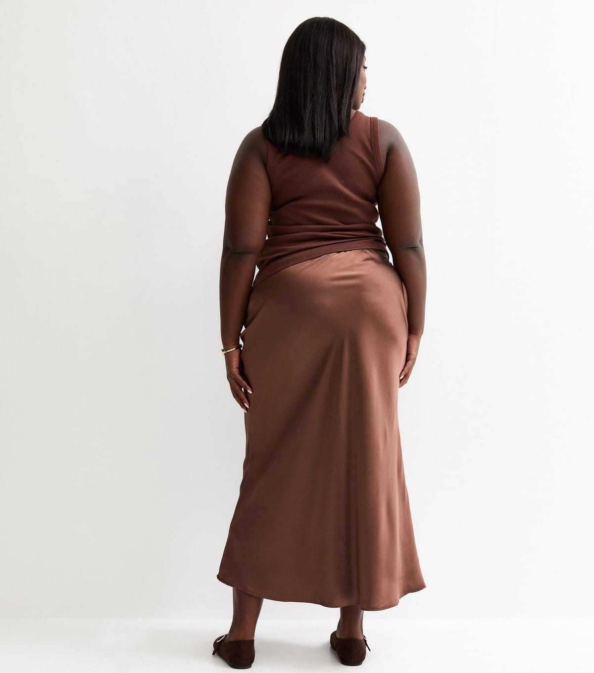 New Look Women's Plus Size Dark Brown Satin Bias Cut Midi Skirt Curves New Look - 4