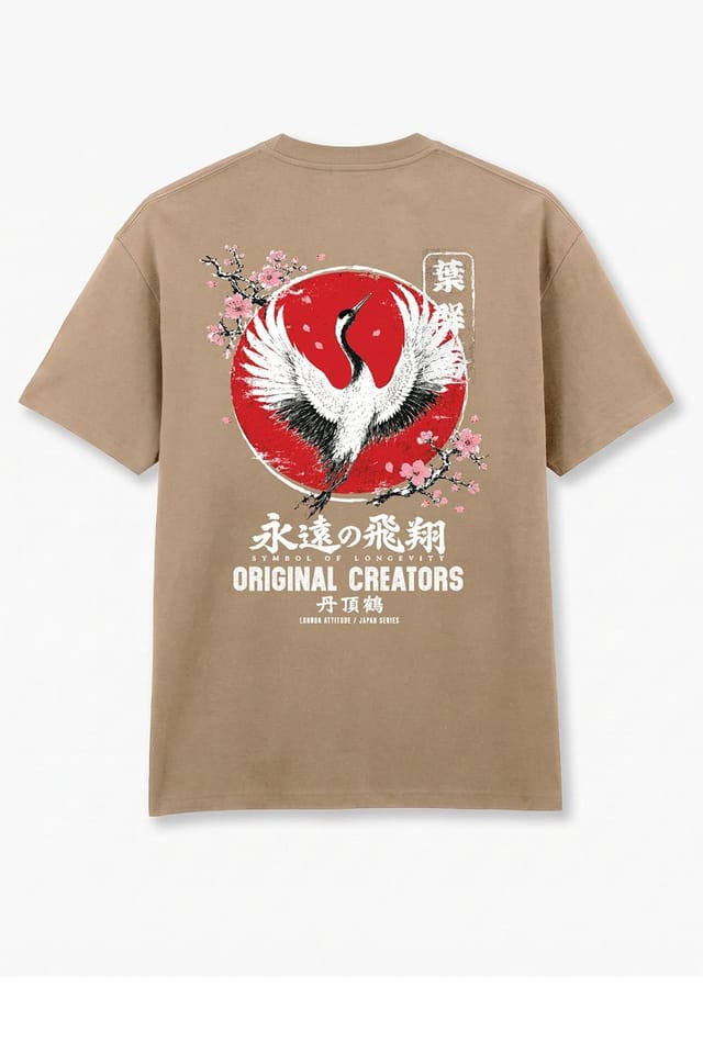 LONDON ATTITUDE LONDON ATTITUDE Men's Japanese Crane Oversized Heavyweight Graphic T-Shirt in Light Sand - 2