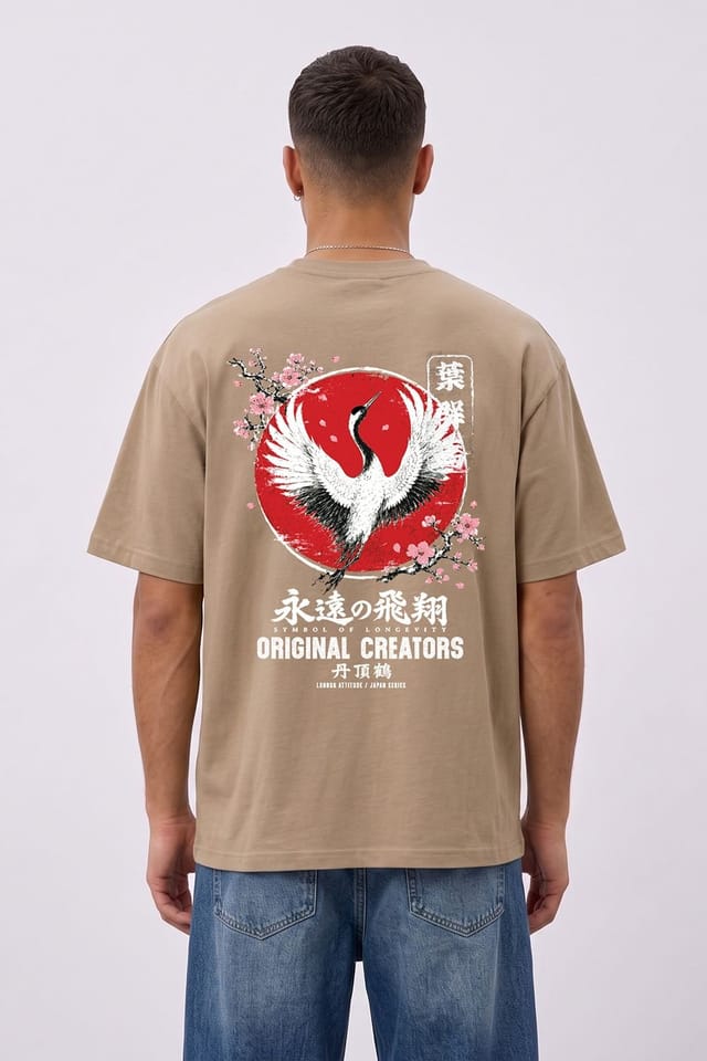 LONDON ATTITUDE LONDON ATTITUDE Men's Japanese Crane Oversized Heavyweight Graphic T-Shirt in Light Sand - 3
