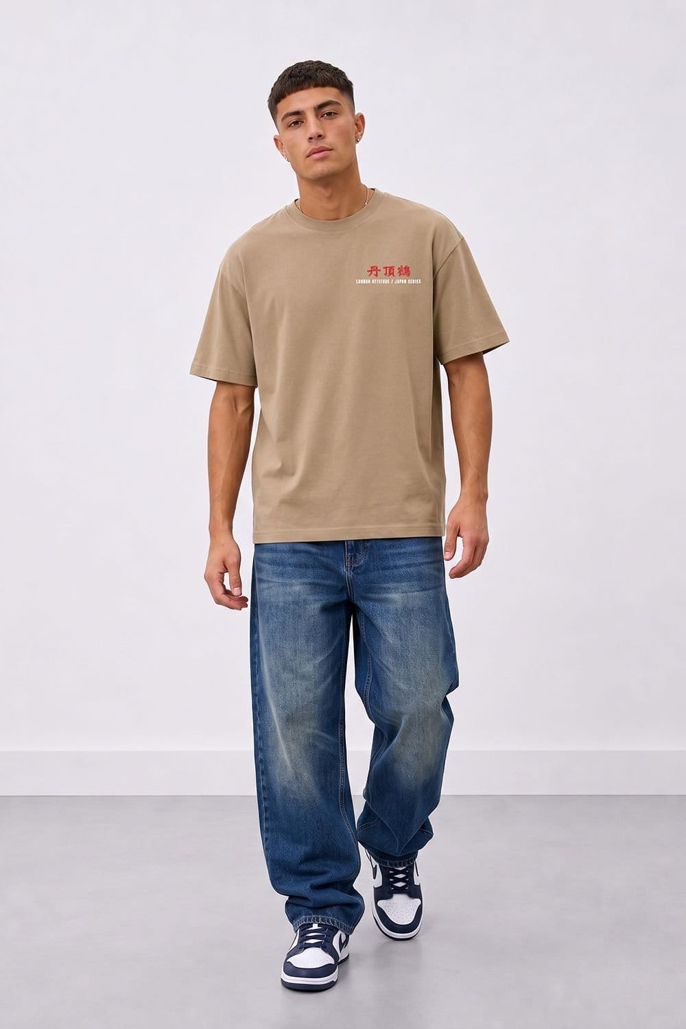 LONDON ATTITUDE LONDON ATTITUDE Men's Japanese Crane Oversized Heavyweight Graphic T-Shirt in Light Sand - 4
