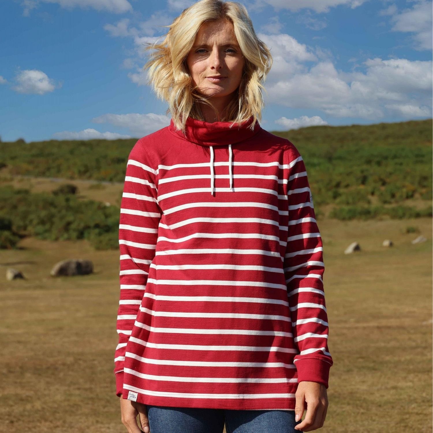 Lazy Jacks Lazy Jacks Women's 100% Cotton Breathable Striped Roll Neck Long Sleeve Pullover Top in Red - 2