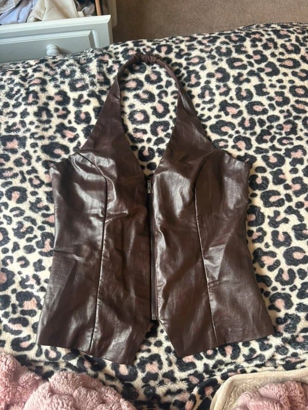 Bershka brown faux leather halter neck zip up top
