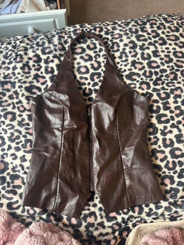 Bershka Brown Faux Leather Halter Neck Zip-Up Top