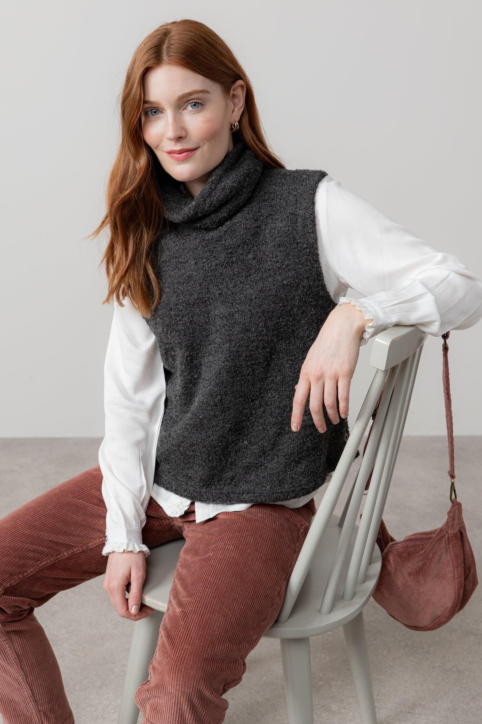 Lily & Me Lily & Me Charcoal Boucle Knit Sleeveless Cowl Neck Tank Top