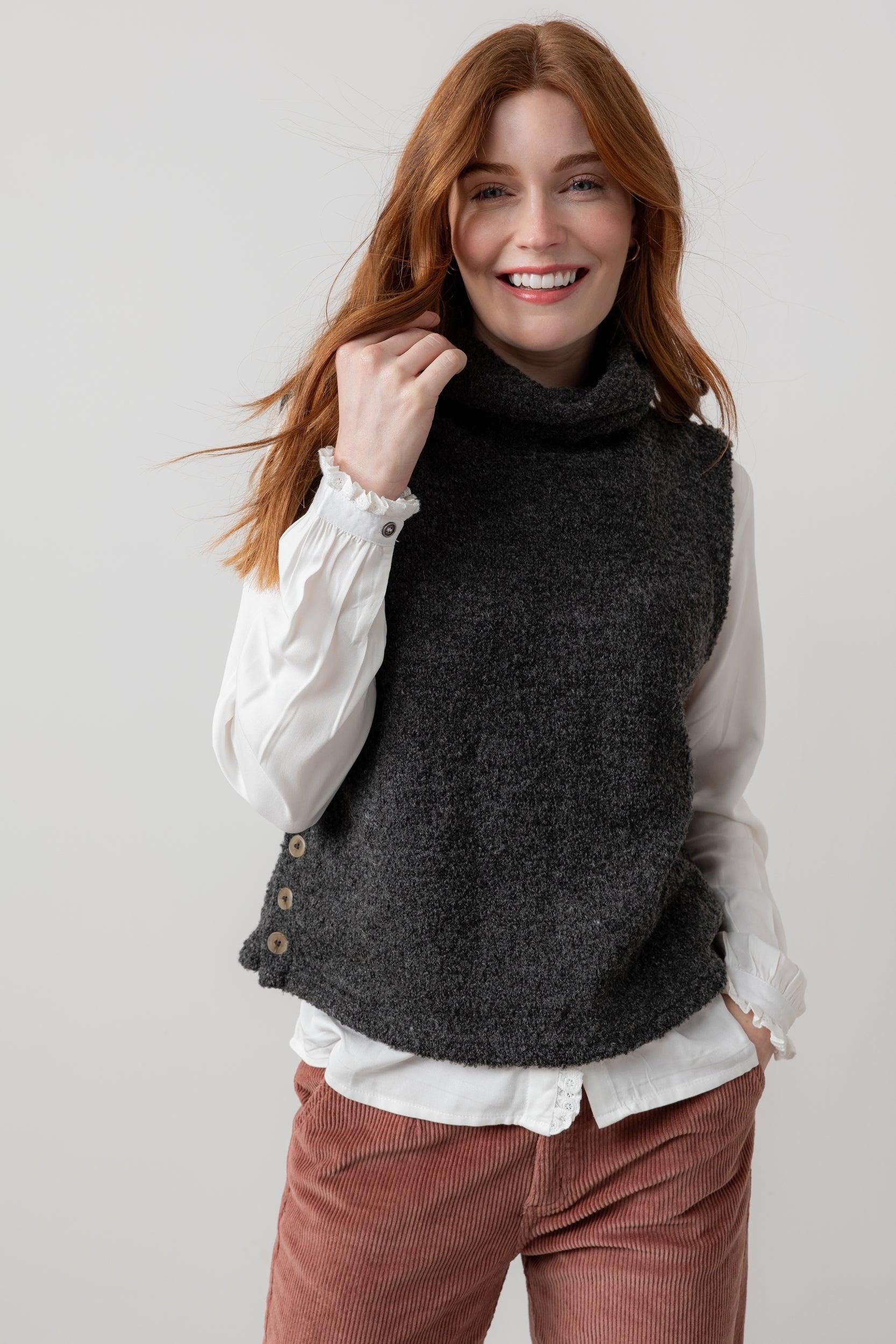 Lily & Me Lily & Me Women's Bramble Boucle Knit Sleeveless Cowl Neck Tank Top in Charcoal - 2