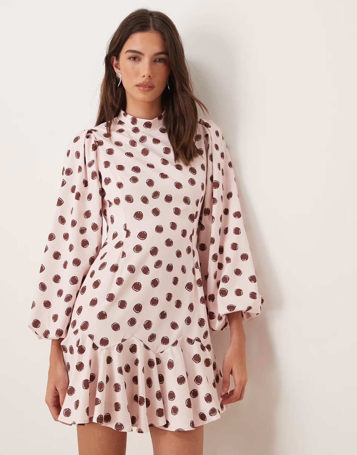 ASOS Sister Jane exclusive high neck balloon sleeve ruffle drop hem mini dress in pink spot print - 1