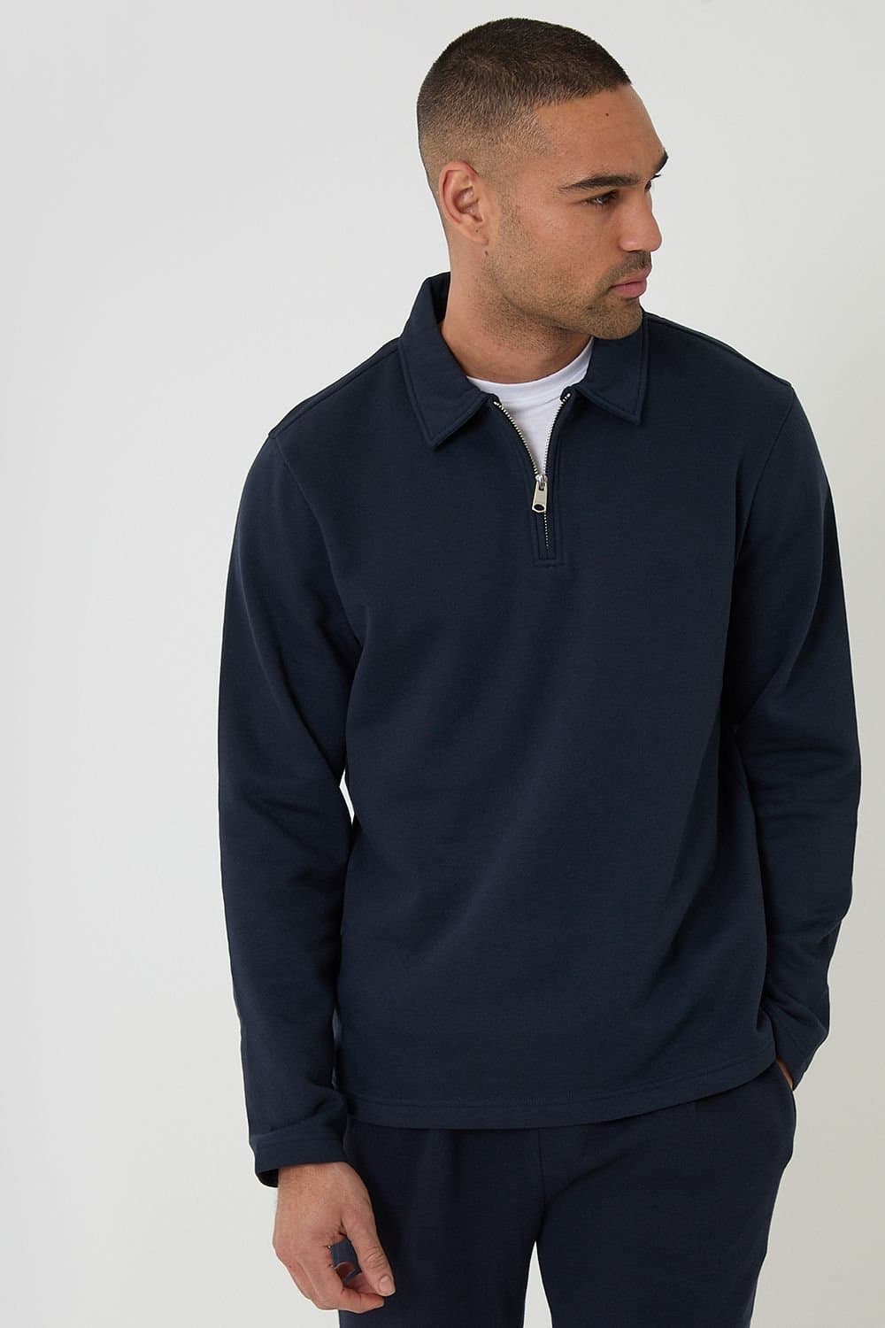 Threadbare Threadbare Men's Quarter Zip Long Sleeve Polo Sweatshirt in Navy