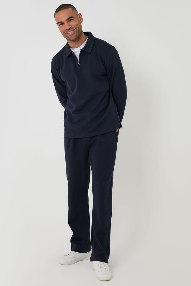 Threadbare Threadbare Men's Quarter Zip Long Sleeve Polo Sweatshirt in Navy - 3
