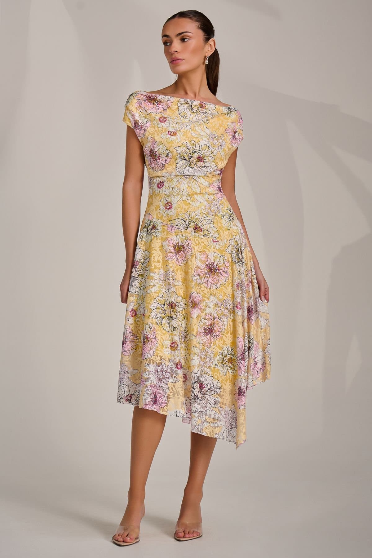 Jolie Moi Jolie Moi Women's Asymmetric Printed Lace Draped Dress in Yellow