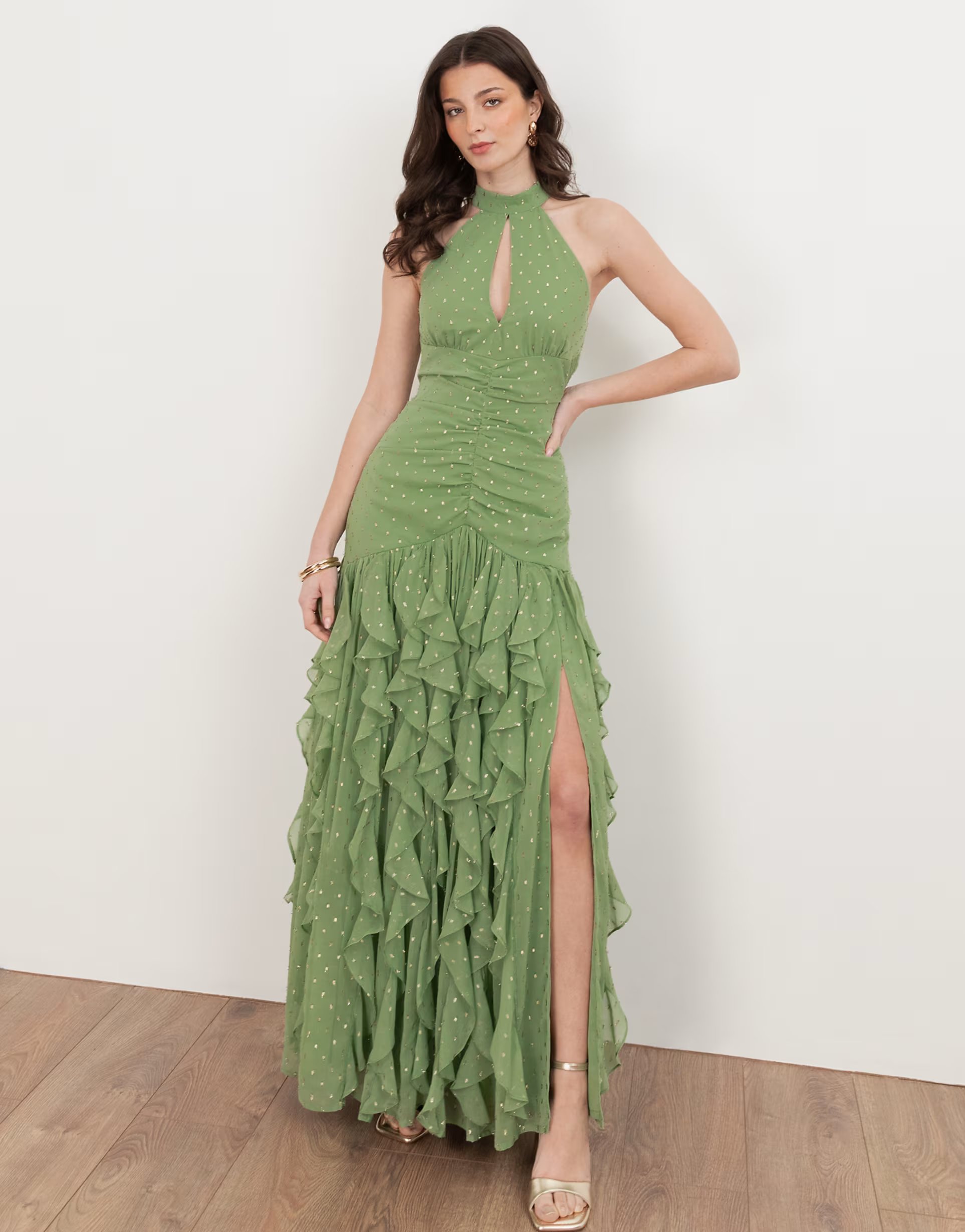 ASOS Anaya Halter neck waterfall ruffle maxi dress in green tea - 1