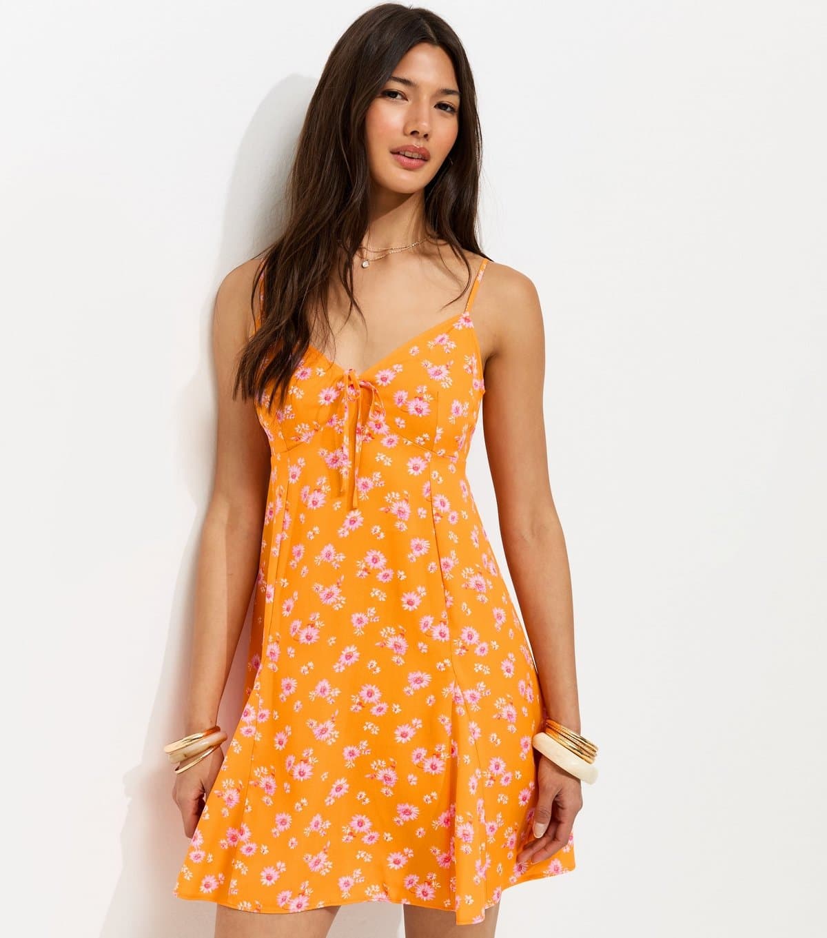 New Look Women's Orange Ditsy Floral Strappy Tie Front Mini Dress New Look