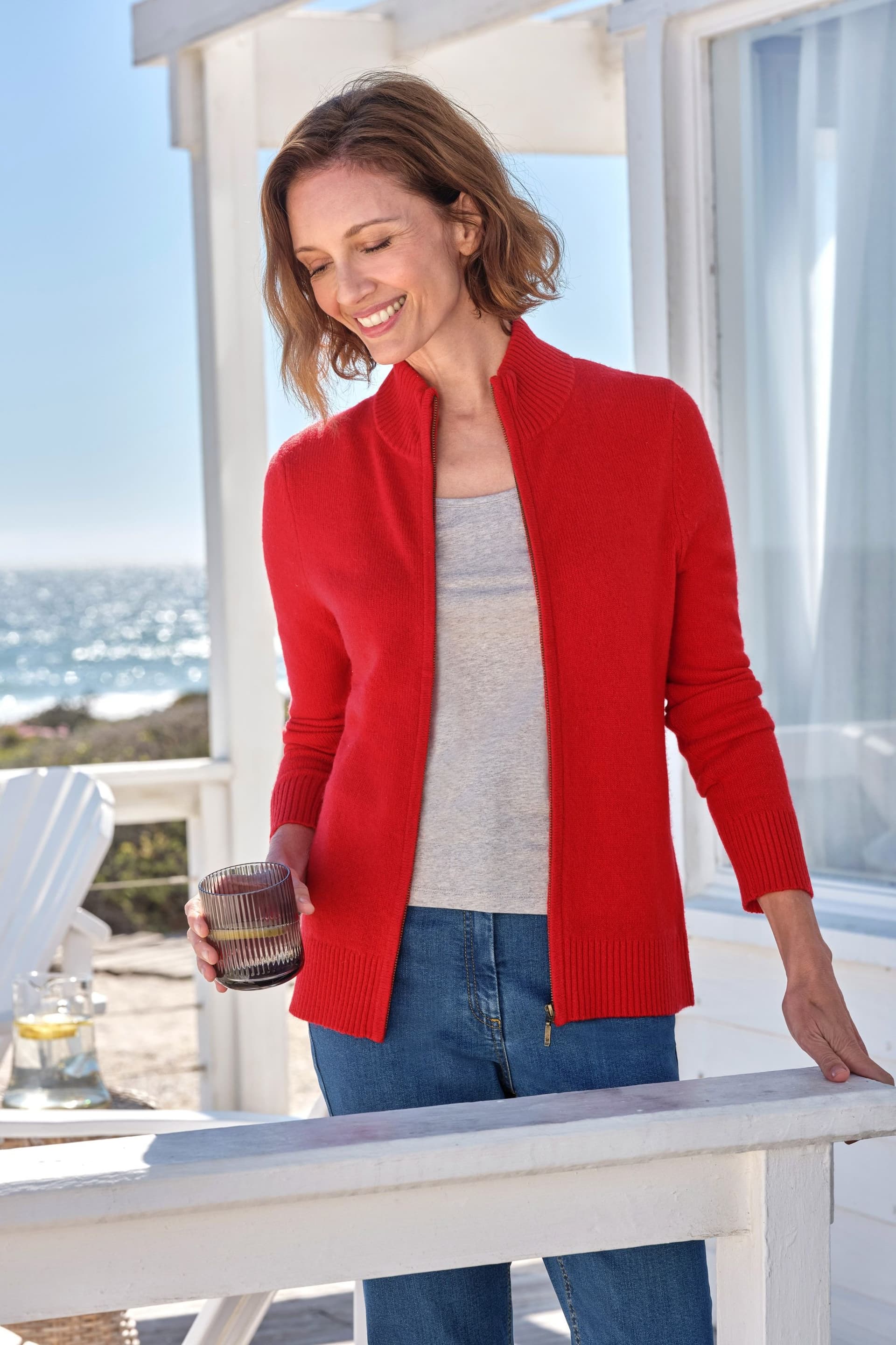 WoolOvers WoolOvers Women's 100% Wool Fitted Zip Thru Cardigan in Red