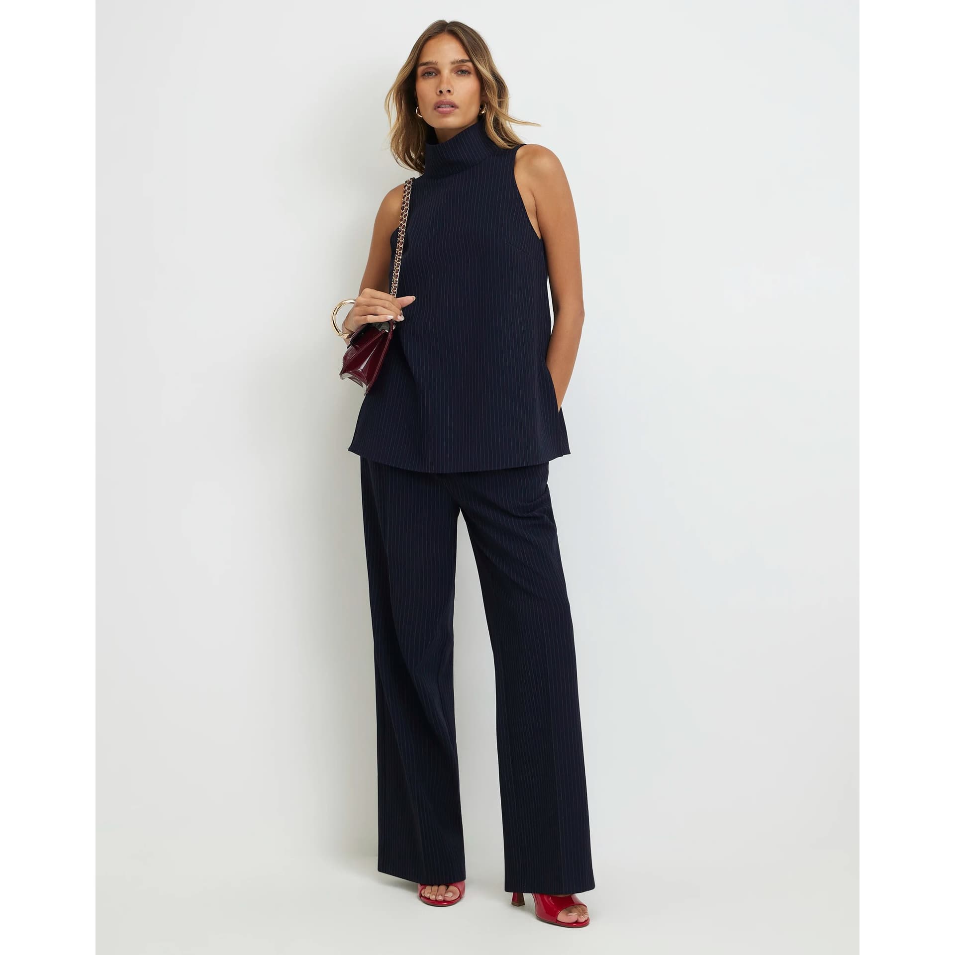 River Island River Island Womens Navy Pinstripe Pleated Wide Leg Trousers