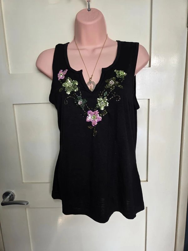 Bogari Bogari Black Floral Beaded Sleeveless Vest Top Sequin Embellished Y2K Retro Silk - 1