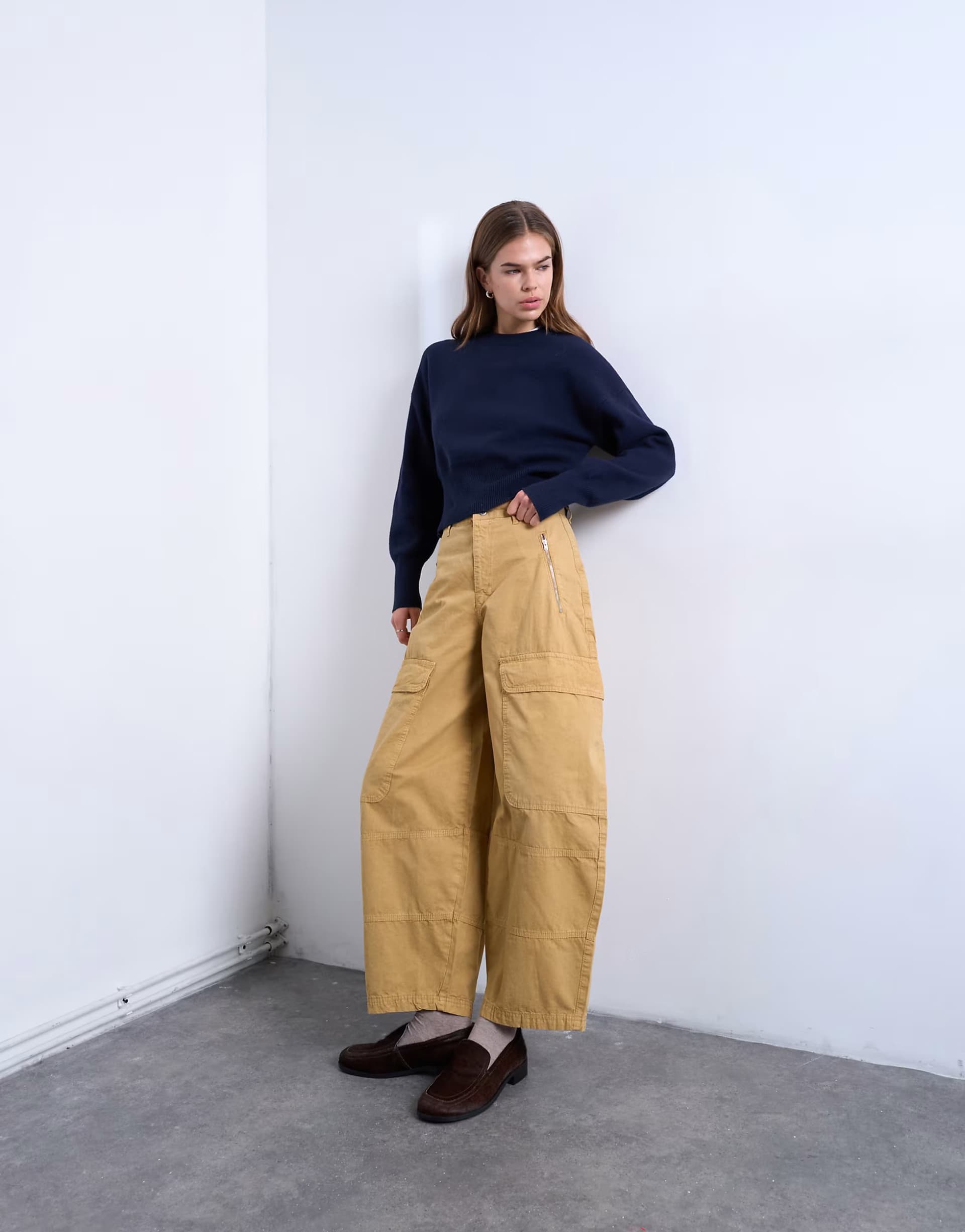 ASOS Topshop balloon cargo trouser with zip and pocket details in camel