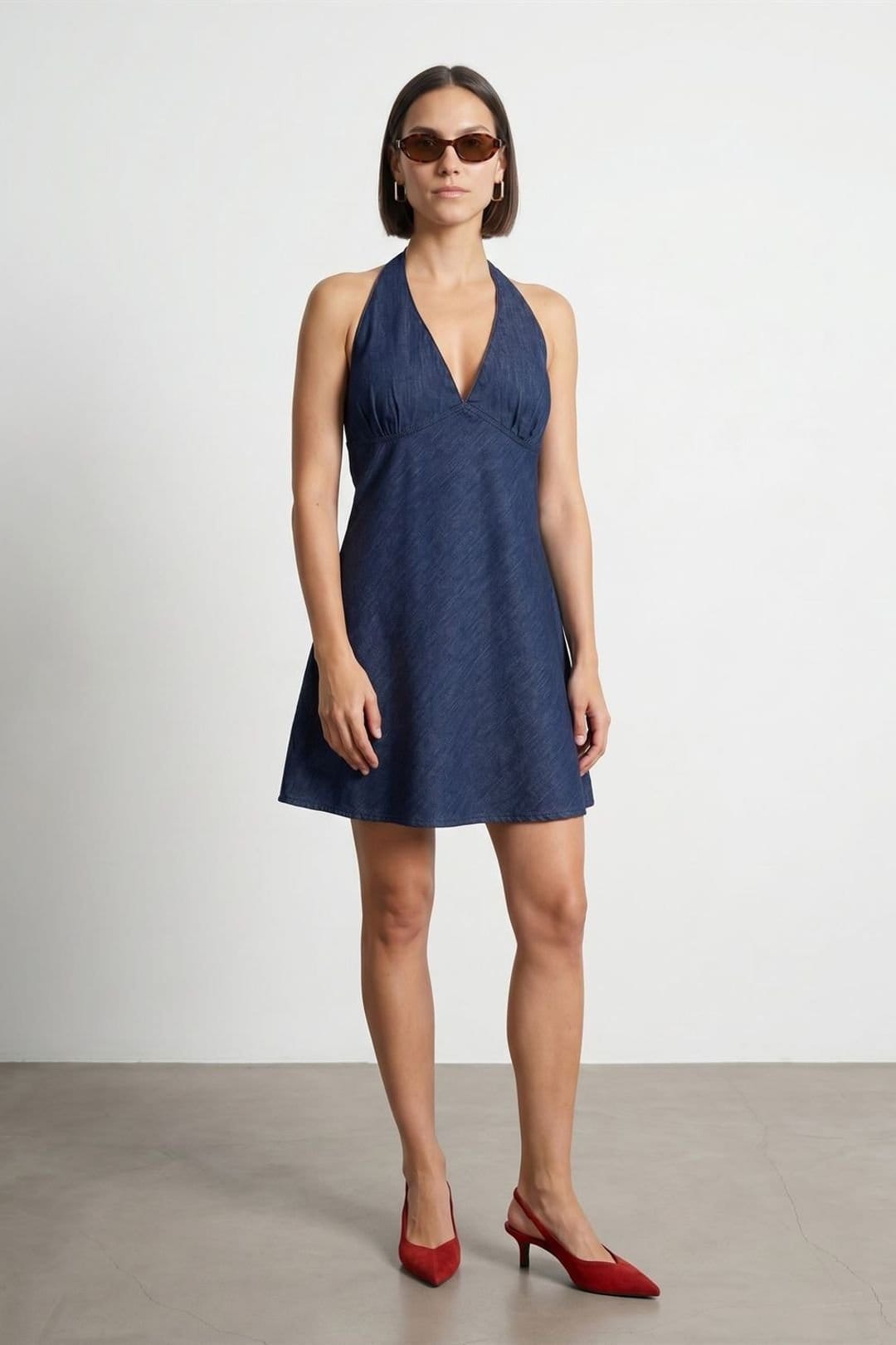 Dilvin Mid Blue Cotton Denim Halter Mini Dress