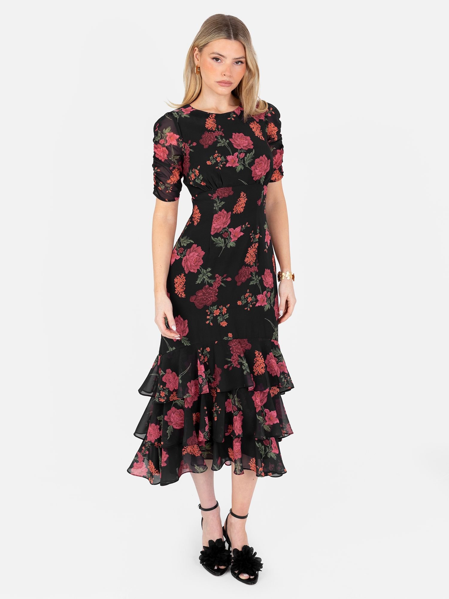 Anaya with Love Anaya with Love Women's Floral Short Ruched Sleeve Midi Dress in Black - 4