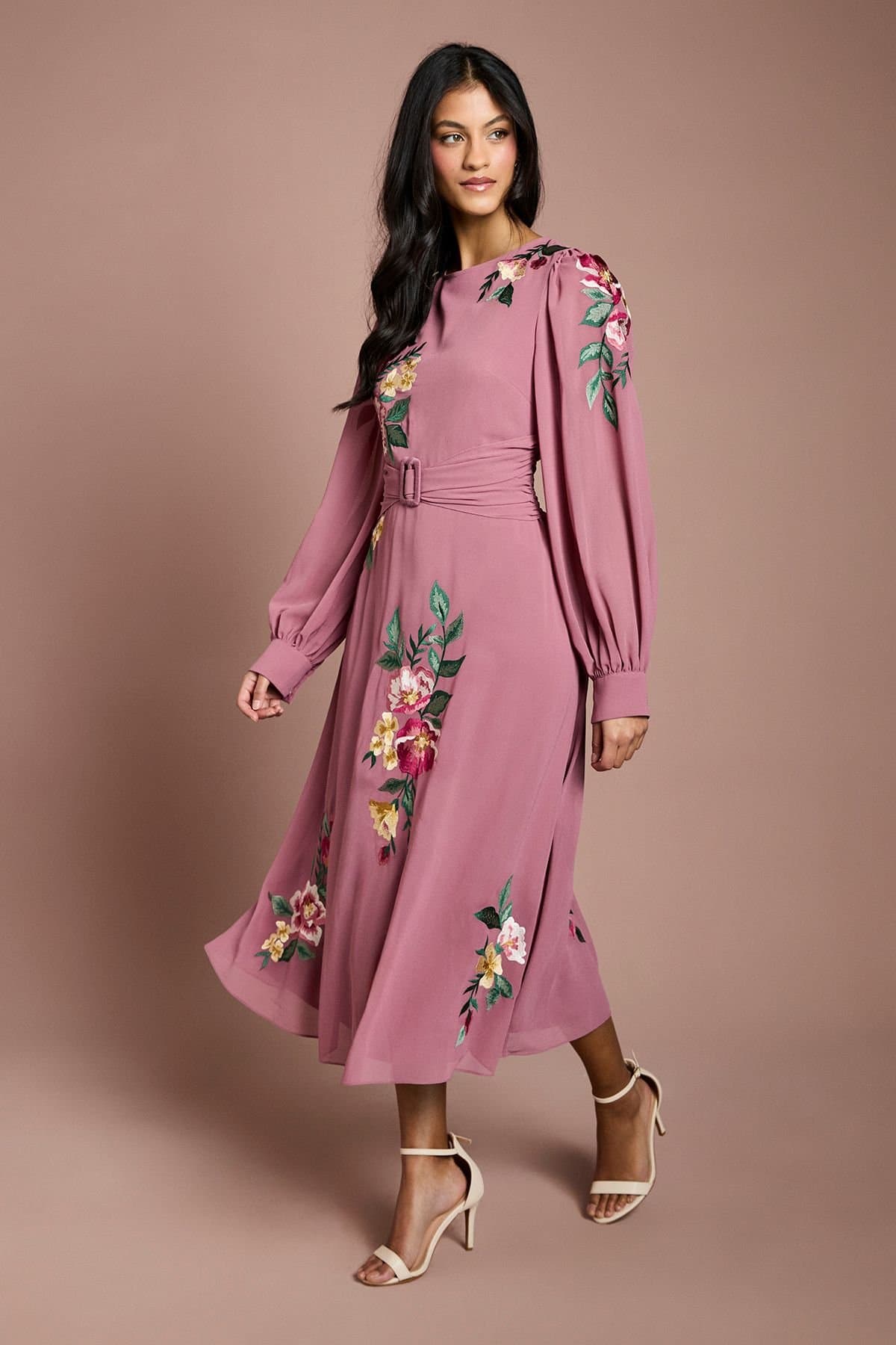 Coast Coast Women's Petite Embroidered Long Sleeve Belted Midi Dress in Rose Pink