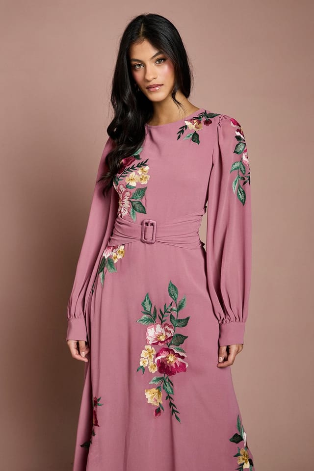 Coast Coast Women's Petite Embroidered Long Sleeve Belted Midi Dress in Rose Pink - 2