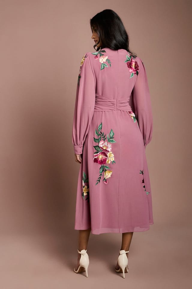 Coast Coast Women's Petite Embroidered Long Sleeve Belted Midi Dress in Rose Pink - 3