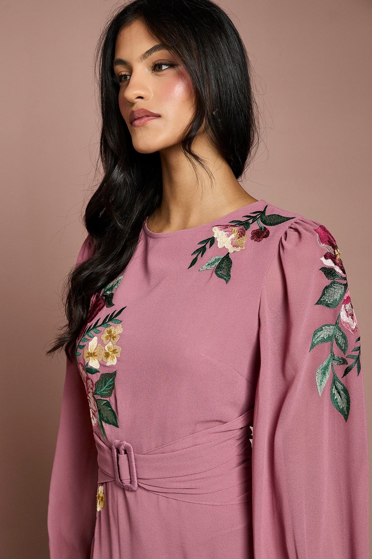 Coast Coast Women's Petite Embroidered Long Sleeve Belted Midi Dress in Rose Pink - 4