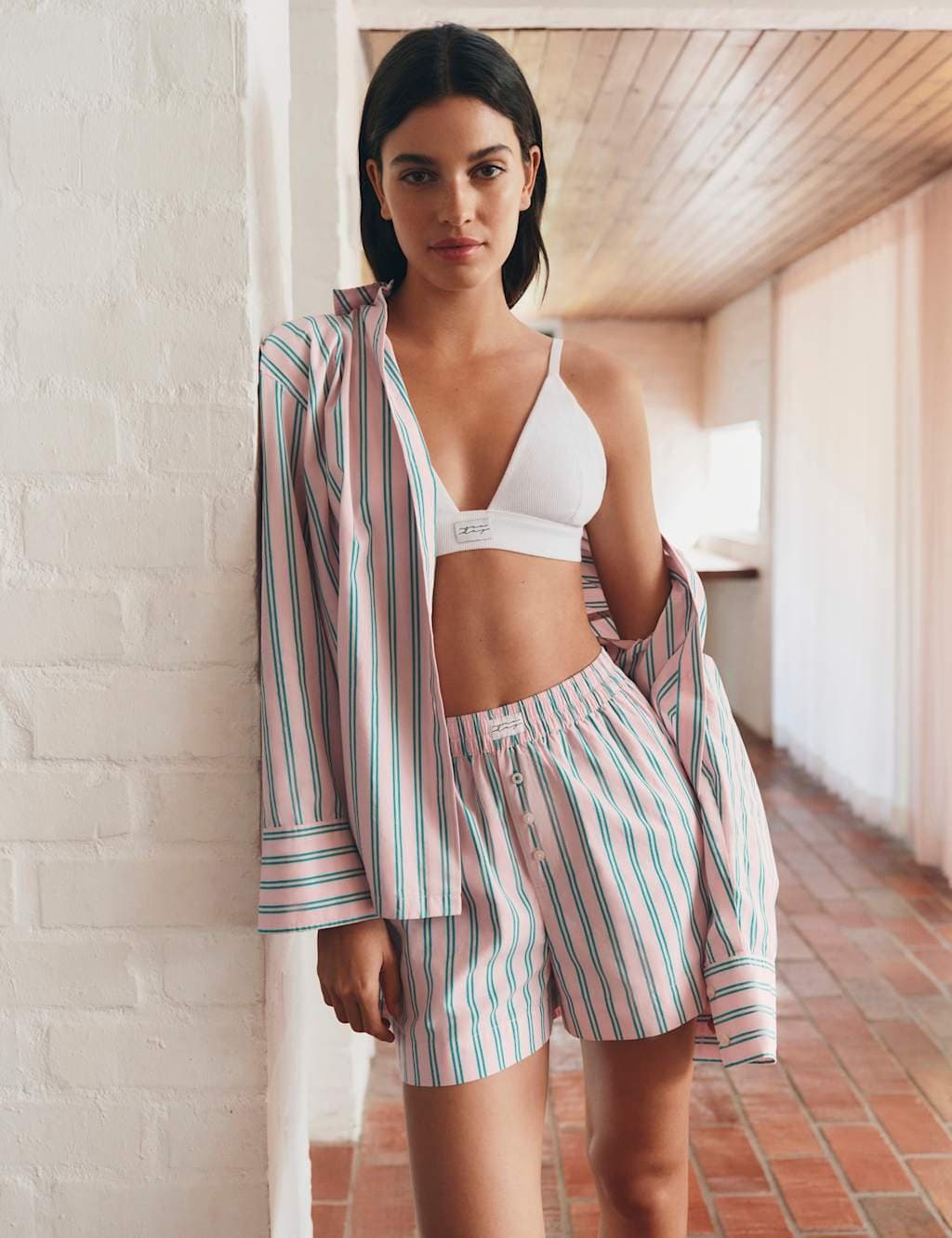 Marks & Spencer M&S Pure Cotton Poplin Striped Pyjama Shorts Bright Pink Mix