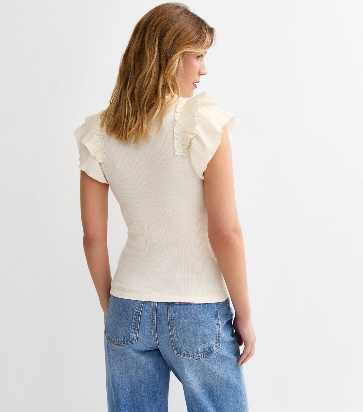 New Look Women's Off White Ribbed Flutter Sleeve T-Shirt New Look - 4
