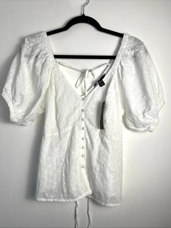 New Look New look - embroidered top puff sleeve  -size uk 10 - white
