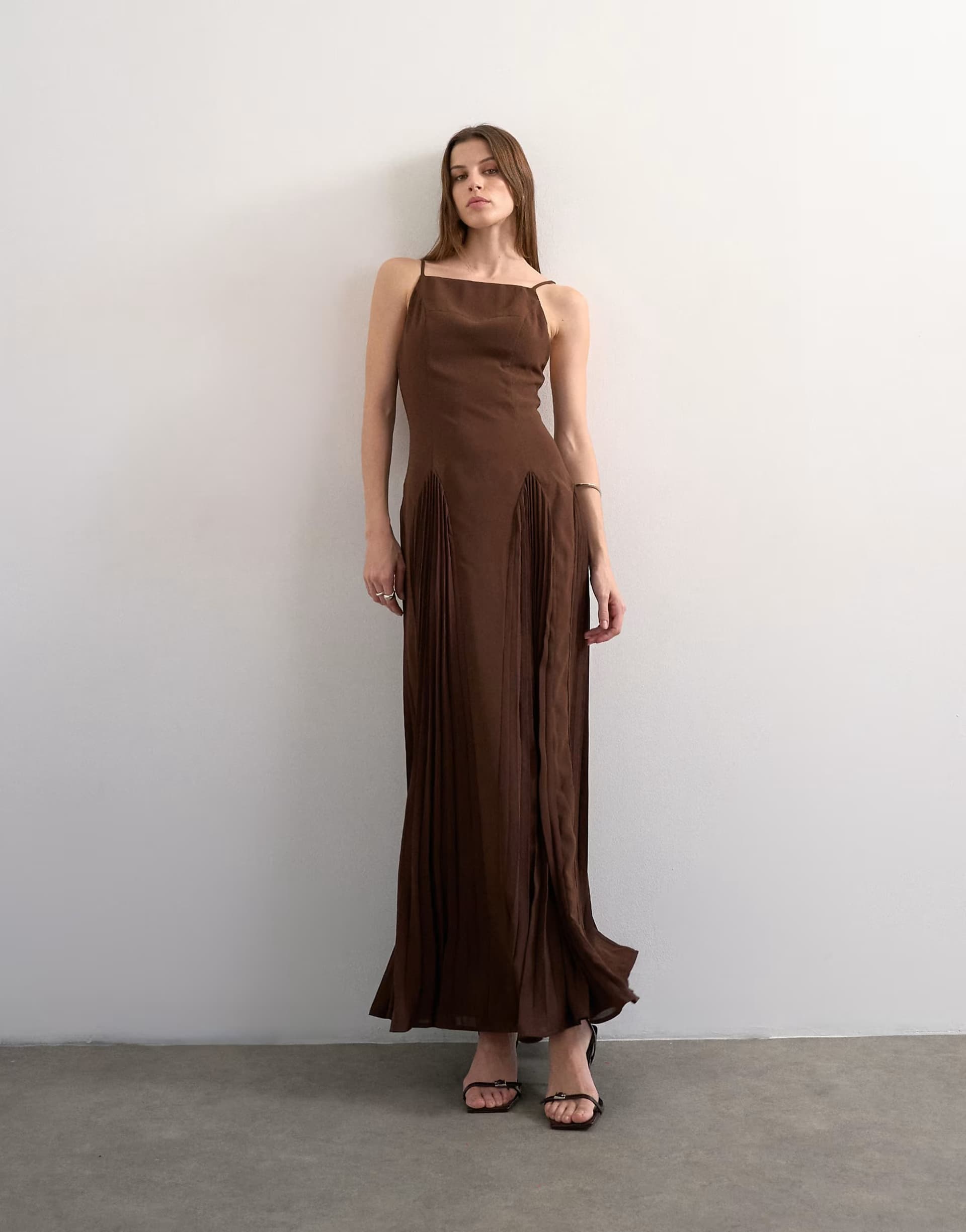 ASOS Topshop premium pleated high godet maxi dress in brown