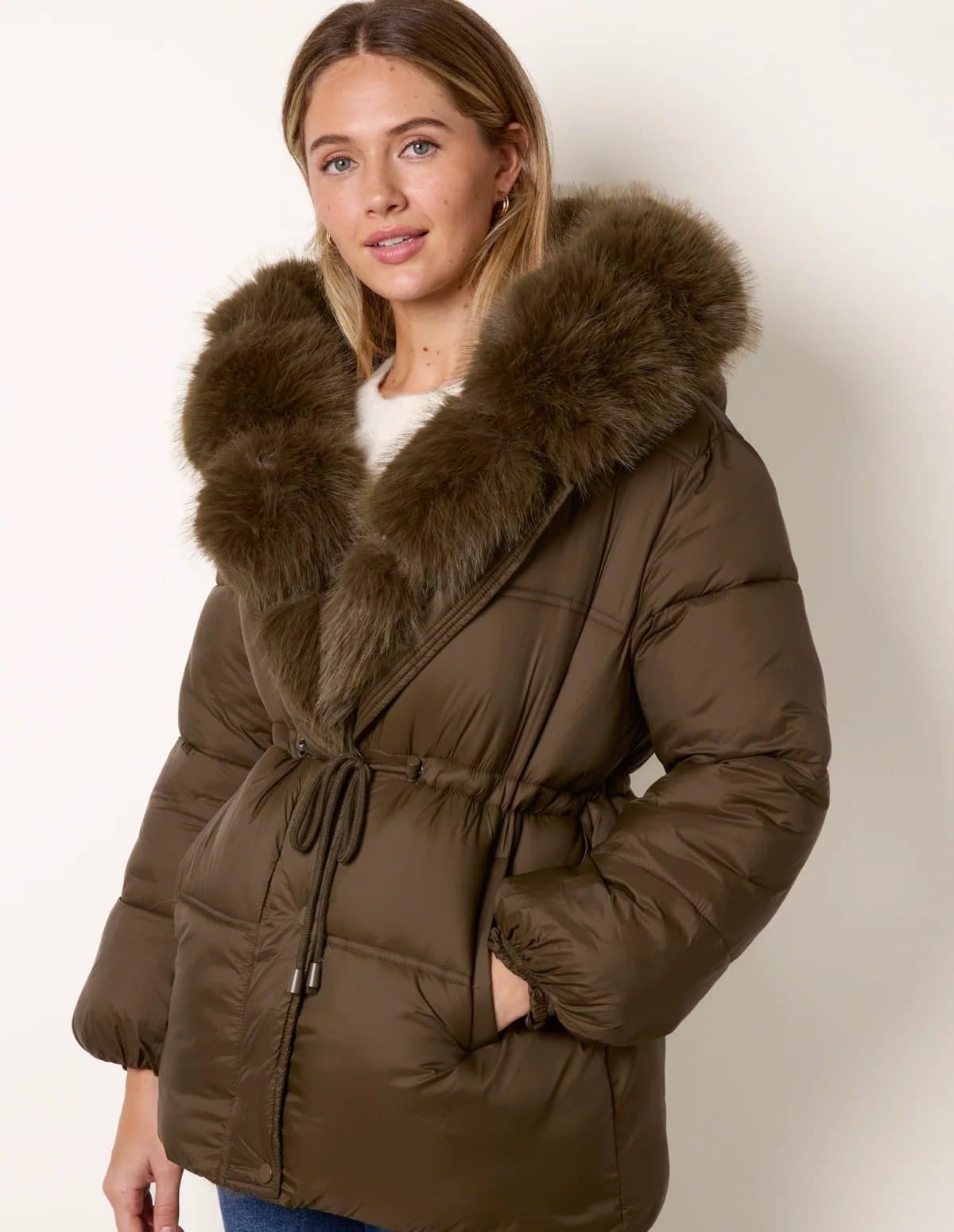 Blue Vanilla Drawcord Waist Faux Fur Hooded Coat